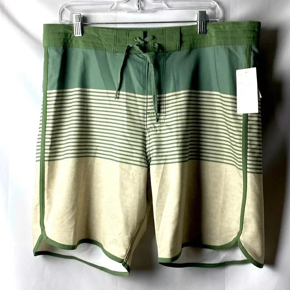 NWT OLD NAVY MENS SIZE 36 SWIM TRUNKS 9” INSEAM OLIVE‎ GREEN TAN STRIPES